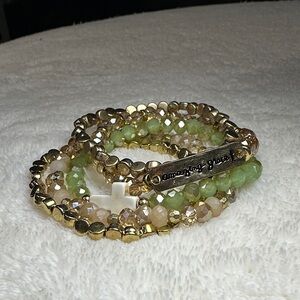 Beaded Bracelet Set of 5 Amazing Grace Cross Green Pink Gold Tone Stretchy NWOT